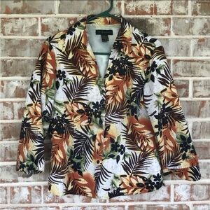 Eddie Bauer Brown and Orange Tropical 3/4 Sleeve Button Down Silk Blazer